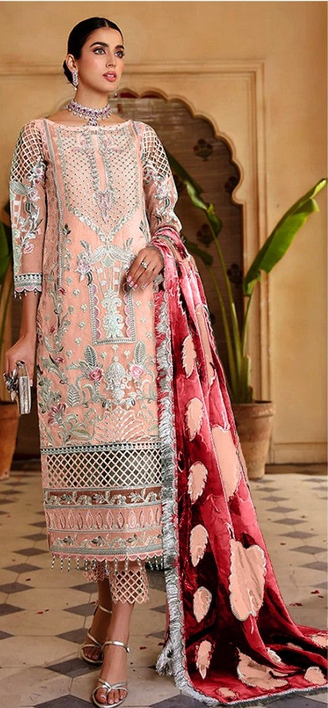 Maryam's Embroidered Suit in Peach with Laser Cutting Dupatta
