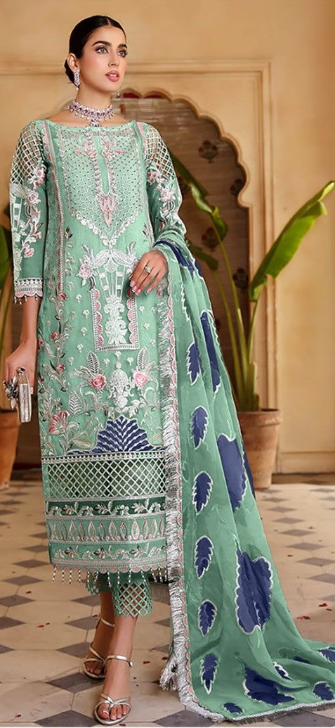 Maryam's Embroidered Suit in Light Grey with Laser Cutting Dupatta